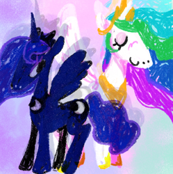 Size: 884x888 | Tagged: safe, artist:weinerina, princess celestia, princess luna, alicorn, pony, g4, duo, female, hoof shoes, jewelry, mare, peytral, regalia, spread wings, wings