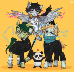 Size: 2000x1946 | Tagged: safe, artist:karamboll, bear, earth pony, panda, pegasus, pony, unicorn, anime, clothes, crossover, female, flying, full body, glasses, group, horn, jujutsu kaisen, looking at you, magic, maki zen'in, male, panda (jujutsu kaisen), ponified, standing, sword, toge inumaki, weapon, wings, yuta okkotsu