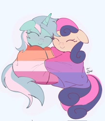 Size: 1778x2048 | Tagged: safe, artist:eltrash_art6, bon bon, lyra heartstrings, sweetie drops, earth pony, pony, unicorn, g4, adorabon, bisexual pride flag, cute, duo, duo female, eyes closed, female, happy, horn, hug, lesbian, lesbian pride flag, lyrabetes, mare, pride, pride flag, pride month, ship:lyrabon, shipping, simple background, smiling