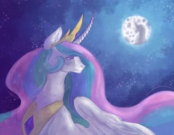 Size: 1280x992 | Tagged: safe, artist:sleepybooocharlie, princess celestia, alicorn, pony, g4, crying, curved horn, female, full moon, horn, jewelry, mare, mare in the moon, moon, night, peytral, regalia, solo