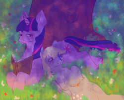 Size: 2050x1646 | Tagged: safe, artist:sleepybooocharlie, derpy hooves, twilight sparkle, insect, pegasus, pony, unicorn, g4, arborglyph, book, curved horn, duo, female, horn, insect on nose, lesbian, lying down, mare, prone, ship:twerpy, shipping, unicorn twilight, unshorn fetlocks