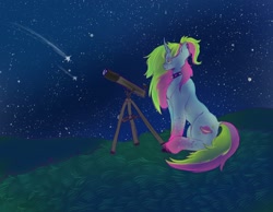 Size: 1280x995 | Tagged: safe, artist:sleepybooocharlie, oc, oc only, pony, unicorn, choker, curved horn, ear piercing, earring, female, horn, jewelry, mare, night, night sky, piercing, shooting star, sitting, sky, solo, spiked choker, stargazing, stars, telescope, unshorn fetlocks