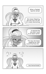 Size: 1732x2756 | Tagged: safe, artist:cybersquirrel, part of a set, sugarcoat, comic:take a seat miss sparkle, g4, clothes, comic, confused, glasses, monochrome, school uniform, speech bubble, text