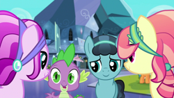 Size: 1280x720 | Tagged: safe, screencap, amethyst shard, crystal hoof, golden väs, ruby love, scarlet heart, spike, thorax, pony, g4, my little pony: friendship is magic, the times they are a changeling, crystal empire, disguise, disguised changeling