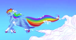 Size: 1280x674 | Tagged: safe, artist:sleepybooocharlie, rainbow dash, pegasus, pony, g4, cloud, female, flying, mare, solo, unshorn fetlocks