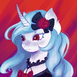 Size: 1280x1280 | Tagged: safe, artist:sleepybooocharlie, oc, oc only, pony, unicorn, abstract background, ai interpretation, bow, bowtie, bust, clothes, curved horn, female, hair bow, horn, mare, portrait, solo, starry eyes, wingding eyes