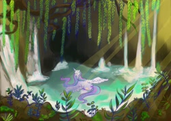 Size: 1280x907 | Tagged: safe, artist:sleepybooocharlie, princess celestia, alicorn, pony, g4, female, in water, mare, missing accessory, outdoors, scenery, solo, spread wings, water, waterfall, wings