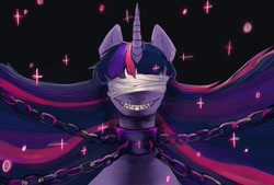 Size: 1280x864 | Tagged: safe, artist:sleepybooocharlie, twilight sparkle, pony, g4, bandage, blindfold, chained, chains, covered eyes, creepy, creepy smile, female, mare, smiling, solo