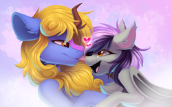 Size: 4096x2560 | Tagged: oc name needed, safe, artist:kebchach, oc, oc only, bat pony, kirin, pony, bat pony oc, bat wings, chest fluff, duo, duo male and female, ear fluff, female, folded wings, heart, heart eyes, human shoulders, in love, kirin oc, licking, looking at each other, looking at someone, male, mare, oc x oc, open mouth, open smile, shipping, smiling, smiling at each other, stallion, straight, tongue out, wingding eyes, wings