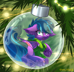 Size: 2400x2330 | Tagged: safe, alternate version, artist:yuris, bat pony, pony, advertisement, ball, bauble, christmas, christmas ornament, christmas tree, clothes, commission, cute, decoration, frog (hoof), garland, glass, holiday, hoodie, looking at you, looking back, male, micro, multi ych "christmas ball", open mouth, sitting, solo, tree, underhoof, ych result, your character here