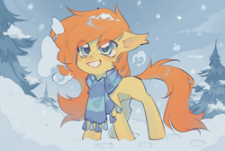 Size: 5000x3352 | Tagged: safe, artist:monphys, oc, oc only, earth pony, pony, clothes, ear tufts, evergreen tree, eye clipping through hair, facial freckles, fluffy, freckles, hoofprints, nose blush, outdoors, scarf, signature, smiling, snow, snowfall, solo, standing, striped scarf, tree, winter