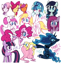 Size: 2100x2176 | Tagged: safe, artist:lulithmark, apple bloom, coloratura, derpy hooves, fluttershy, nurse redheart, pinkie pie, princess luna, scootaloo, sonata dusk, sweetie belle, twilight sparkle, alicorn, earth pony, pegasus, pony, unicorn, g4, luna eclipsed, my little pony: friendship is magic, bow, bust, cute, cute little fangs, cuteamena, cutie mark crusaders, derpabetes, dialogue, eyes closed, faic, fangs, female, filly, foal, full body, hair bow, hat, holding, horn, looking at you, looking back, mare, pinkamena diane pie, ponified, scene interpretation, silly, silly pony, simple background, smiling, sonatabetes, sweat, sweatdrop, text, tongue out, twiabetes, white background, wingless, wrong coat color