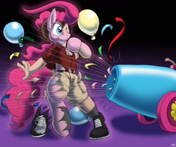 Size: 2048x1712 | Tagged: safe, alternate version, artist:catmonkshiro, pinkie pie, earth pony, human, pony, g4, balloon, confetti, human to pony, party cannon, solo, transformation, windswept mane