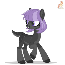 Size: 1750x1750 | Tagged: safe, artist:r4hucksake, oc, oc only, oc:hydrangea, deer, body freckles, cloven hooves, coat markings, colored hooves, colored pinnae, dappled, female, freckles, grin, hooves, pale belly, purple eyes, raised hoof, simple background, smiling, socks (coat markings), solo, tail, tail freckles, transparent background, turned head