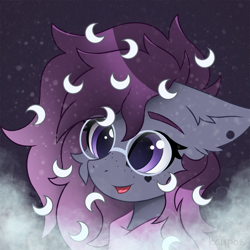 Size: 3072x3072 | Tagged: safe, artist:keupoz, oc, oc only, oc:mayo, earth pony, pony, bust, commission, ear piercing, earth pony oc, eyebrows, eyebrows visible through hair, facial markings, glasses, open mouth, piercing, portrait, round glasses, snow, snowfall