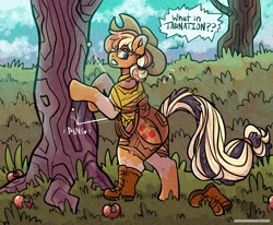 Size: 3000x2476 | Tagged: safe, artist:subdivisions, applejack, earth pony, pony, g4, applejack's hat, clothes, cowboy hat, furry, furry to pony, glasses, hat, high res, outdoors, ripping clothes, solo, speech bubble, transformation, tree, what in tarnation