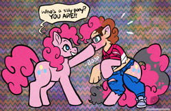 Size: 1280x828 | Tagged: safe, artist:subdivisions, pinkie pie, earth pony, human, pony, g4, abstract background, blushing, boop, clothes, duo, female, glasses, grin, human to pony, mare, silly, silly pony, smiling, speech bubble, torn clothes, transformation, twinning, who's a silly pony