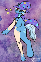 Size: 1206x1830 | Tagged: safe, artist:subdivisions, trixie, human, pony, unicorn, g4, abstract background, cape, clothes, female, hat, horn, human to pony, solo, transformation, trixie's cape, trixie's hat