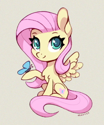 Size: 665x800 | Tagged: safe, artist:maytee, part of a set, fluttershy, butterfly, pegasus, pony, g4, chibi, colored pupils, cute, digital art, shyabetes, simple background, sitting, solo