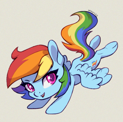 Size: 807x800 | Tagged: safe, artist:maytee, part of a set, rainbow dash, pegasus, pony, g4, chibi, colored pupils, digital art, flying, simple background, smiling, solo