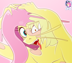 Size: 6000x5238 | Tagged: safe, artist:skyspeardraw, fluttershy, human, anthro, g4, absurd resolution, bondage, bust, encasement, female, holding head, human to anthro, latex, living latex, open mouth, portrait, smiling, solo, tongue out, transformation