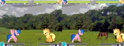 Size: 1986x744 | Tagged: safe, artist:tom artista, applejack, firefly, rainbow dash, earth pony, horse, pegasus, pony, fighting is magic, g1, g4, bipedal, cloud, female, forest, game screencap, grass, grass field, irl, irl horse, nature, needs more jpeg, outdoors, photo, recolor, stage, tree