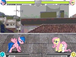 Size: 993x745 | Tagged: safe, artist:tom artista, angel bunny, firefly, fluttershy, rainbow dash, pegasus, pony, fighting is magic, g4, bipedal, city, fan game, female, game screencap, outdoors, recolor, roof, stage, village