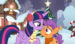 Size: 1564x906 | Tagged: safe, artist:lunaticdawn, tender taps, twilight sparkle, alicorn, earth pony, pony, g4, blushing, christmas, christmas tree, clothes, colt, cute, duo, female, foal, hearth's warming eve, holiday, kissing, male, mare, one eye closed, outdoors, ponyville, scarf, shipping, show accurate, straight, tree, twilight sparkle (alicorn), twitaps, winter, winter outfit