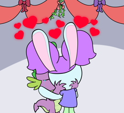 Size: 2160x1970 | Tagged: safe, artist:keinth2990, spike, oc, oc:penelope, dragon, rabbit, g4, animal, christmas, crying, heart, holiday, hug, kissing, mistletoe, ship:spikelope, story included, tears of joy