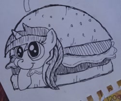 Size: 1280x1061 | Tagged: artist needed, source needed, safe, sea swirl, seafoam, g4, burger, food, paper, pony burger, simple background, sketch, traditional art, white background