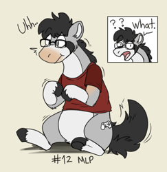 Size: 960x987 | Tagged: safe, artist:redrye, oc, oc only, earth pony, human, pony, clothes, glasses, human to pony, male, question mark, shirt, simple background, sitting, solo, surprised, t-shirt, transformation, unshorn fetlocks