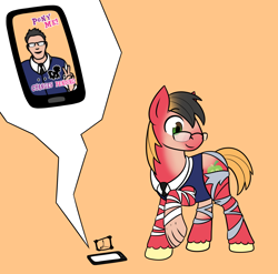 Size: 2520x2485 | Tagged: safe, artist:lex-i, big macintosh, earth pony, human, pony, g4, cellphone, clothes, glasses, high res, human to pony, male, mid-transformation, necktie, phone, smartphone, smiling, solo, suit, torn clothes, transformation