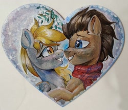 Size: 2473x2127 | Tagged: safe, artist:ske, derpy hooves, doctor whooves, time turner, earth pony, pegasus, pony, g4, clothes, duo, duo male and female, female, hug, looking at each other, looking at someone, male, romantic, scarf, ship:doctorderpy, shipping, smiling, smiling at each other, special somepony, straight, traditional art, winter