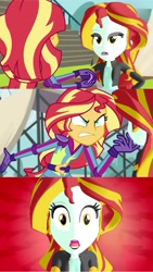 Size: 720x1280 | Tagged: safe, artist:mlpfan2011, edit, edited screencap, screencap, lyra heartstrings, sunset shimmer, human, equestria girls, g4, my little pony equestria girls: friendship games, 3d, angry, clothes, comic, cosplay, costume, duo, duo female, female, mmd, screencap comic, shocked