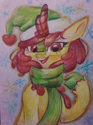 Size: 640x857 | Tagged: safe, artist:ske, oc, oc only, kirin, christmas, clothes, female, hat, holiday, kirin oc, looking at you, mare, santa hat, scarf, smiling, smiling at you, traditional art