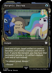 Size: 744x1039 | Tagged: safe, artist:2snacks, edit, princess celestia, princess luna, alicorn, earth pony, two best sisters play, g4, ccg, fallout, fallout 4, magic the gathering, stretchy, trading card, trading card edit, trading card game