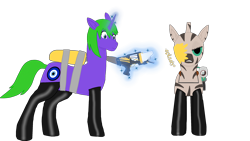 Size: 2560x1440 | Tagged: safe, artist:xada, oc, oc only, oc:magical eye, pony, unicorn, zebra, angry, battle saddle, clothes, duo, green mane, green tail, horn, latex, latex socks, looking at you, magic, paintball gun, purple coat, rubber, simple background, slime, socks, tail, telekinesis, transparent background