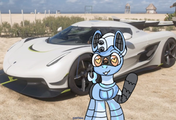 Size: 1200x815 | Tagged: safe, artist:anykoe, oc, oc:silver stream, pony, robot, robot pony, car, forza horizon, heart, heart eyes, koenigsegg, koenigsegg jesko, looking at you, outdoors, screenshots, smiling, smiling at you, solo, waving, waving at you, wingding eyes