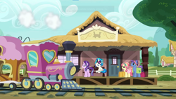 Size: 1366x768 | Tagged: safe, screencap, atticus, dj pon-3, ruby love, scarlet heart, starlight glimmer, vinyl scratch, pony, g4, my little pony: friendship is magic, uncommon bond, friendship express, locomotive, outdoors, steam locomotive, train