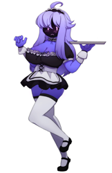 Size: 1902x2940 | Tagged: safe, artist:pepper dance, oc, oc:critic, anthro, big breasts, blushing, breasts, clothes, female, maid, no face, serving tray, socks, solo, thigh highs, село