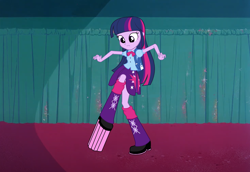 Size: 1280x883 | Tagged: safe, artist:lovablerobot, edit, twilight sparkle, human, equestria girls, g4, my little pony equestria girls, boots, carpet, cinema, clothes, female, fetish, food, gum, looney tunes, parody, screenshots, scrunchy face, shoes, solo, sticky, stuck, vector, walking