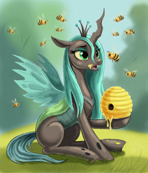 Size: 2585x3000 | Tagged: safe, artist:zdrer456, queen chrysalis, bee, changeling, changeling queen, insect, pony, g4, beehive, female, food, honey, hoof hold, open mouth, solo, spread wings, wings