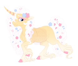 Size: 5200x4400 | Tagged: safe, artist:gigason, oc, oc only, oc:hellebore, pony, unicorn, g4, absurd resolution, adoptable, blank flank, blue eyes, colored, colored eyelashes, colored hooves, colored pinnae, cream coat, curly mane, curly tail, curved horn, ear fluff, eyelashes, eyeshadow, flat colors, flower, flower in hair, flower in tail, gradient fetlocks, gradient legs, hooves, horn, lidded eyes, long feather, long fetlocks, long mane, long tail, looking back, magical lesbian spawn, makeup, nonbinary, nonbinary oc, obtrusive watermark, offspring, palomino, parent:fluttershy, parent:princess platinum, pink eyelashes, pink hair, pink hooves, pink mane, pink tail, profile, raised hoof, raised leg, simple background, smiling, solo, standing on two hooves, striped horn, tail, thick eyelashes, transparent background, unicorn horn, unicorn oc, walking, watermark, white eyeshadow, white mane, white tail, yellow coat