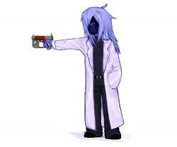 Size: 2560x2133 | Tagged: safe, artist:lamaka, oc, oc:critic, human, clothes, female, gun, humanized, lab coat, no face, simple background, solo, submachinegun, weapon, село