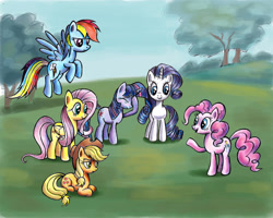 Size: 1024x820 | Tagged: safe, artist:zdrer456, applejack, fluttershy, pinkie pie, rainbow dash, rarity, twilight sparkle, earth pony, pegasus, pony, unicorn, g4, 2015, grass, horn, mane six, outdoors, tree