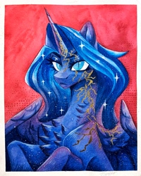 Size: 2963x3707 | Tagged: safe, artist:jsunlight, princess luna, alicorn, pony, g4, chest fluff, ethereal mane, looking at you, painting, partially open wings, passepartout, royalty, signature, slit pupils, solo, starry mane, traditional art, watercolor painting, wings