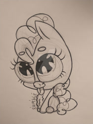 Size: 774x1032 | Tagged: safe, artist:chikinnooget, pinkie pie, earth pony, pony, g4, drawing, female, mare, monochrome, sketch, stomach growl, stomach noise, traditional art