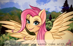 Size: 1500x950 | Tagged: safe, artist:namelessplaza, fluttershy, pegasus, pony, g4, blue eyes, blushing, bush, cloud, female, halfbody, mountain, open mouth, outdoors, petals, sky, solo, tree