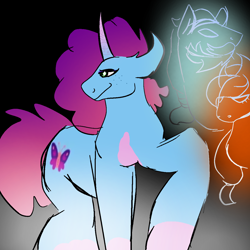 Size: 1280x1280 | Tagged: safe, applejack, misty brightdawn, rockhoof, butterfly, earth pony, unicorn, g4, g5, ancestors, ancestry, blue coat, blue haze, element of honesty, horn, orange haze, pillar of strength, white smoke