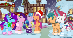 Size: 4510x2376 | Tagged: safe, artist:artsmlpgen5, hitch trailblazer, izzy moonbow, misty brightdawn, pipp petals, sunny starscout, zipp storm, earth pony, pegasus, pony, unicorn, g5, base used, christmas, clothes, female, holiday, holly, horn, male, mane five, mane six (g5), mane stripe sunny, mare, outdoors, ponyville, rebirth misty, scarf, singing, snow, stallion, winter, winter outfit